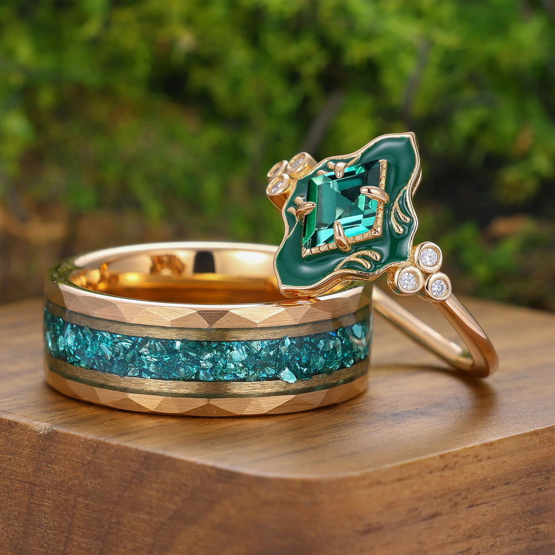 Art Deco Rhombus Cut Emerald Resin-coated Couple Rings Vintage Inspired Matching Ring Set