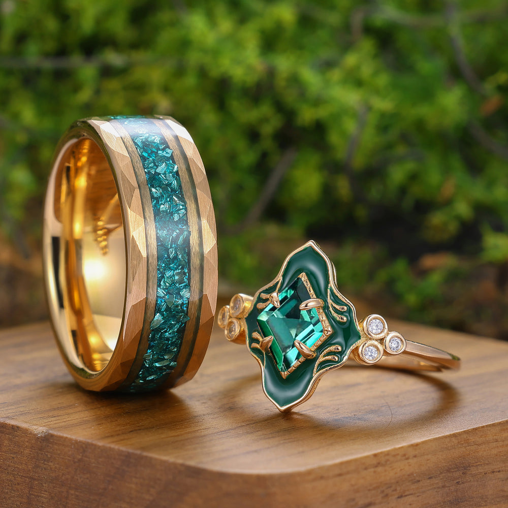 Art Deco Rhombus Cut Emerald Resin-coated Couple Rings Vintage Inspired Matching Ring Set