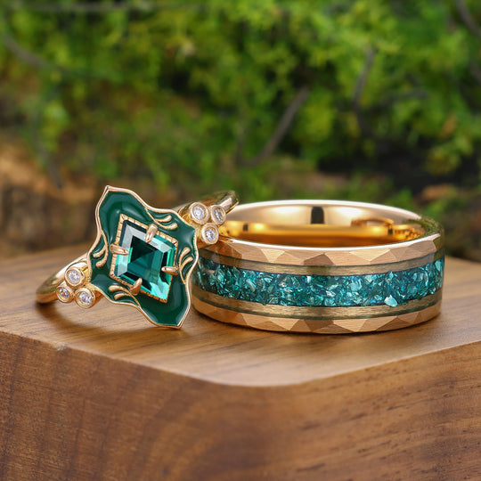 Art Deco Rhombus Cut Emerald Resin-coated Couple Rings Vintage Inspired Matching Ring Set