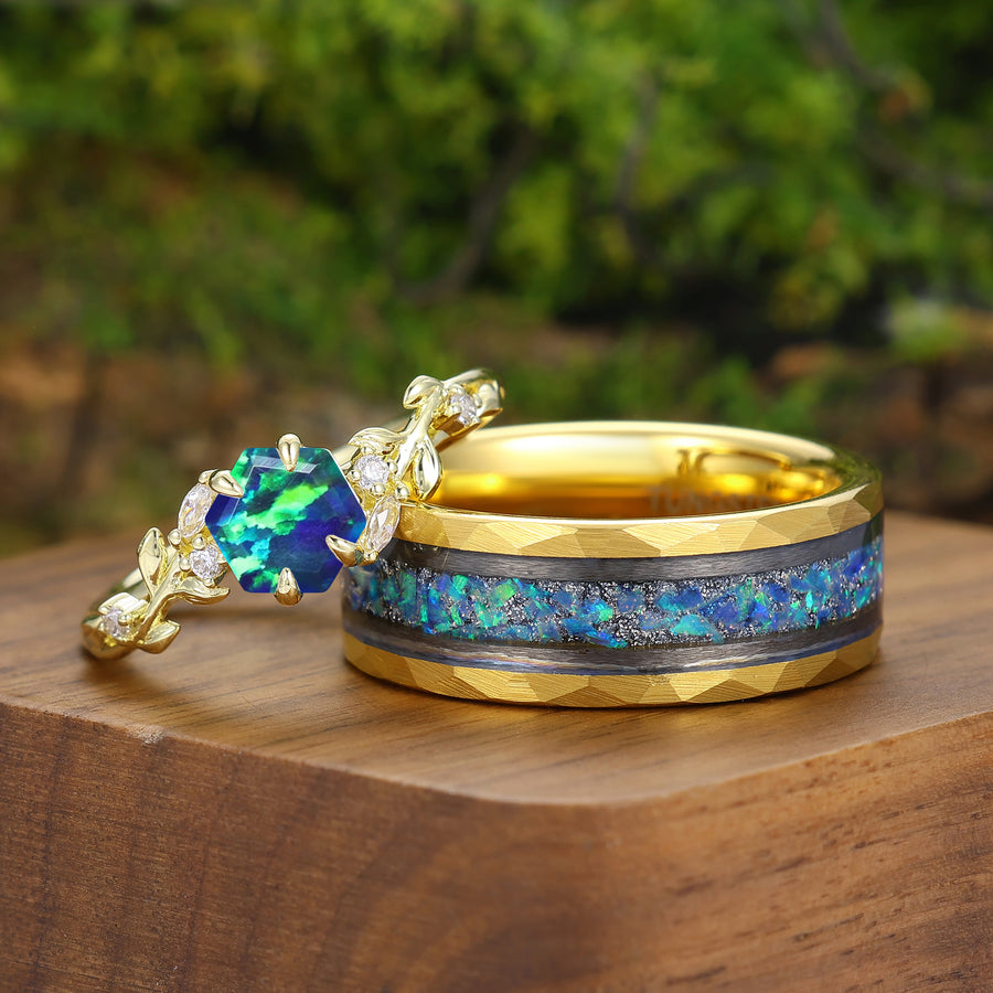 Anillo de Pareja con Ópalo Verde Pavo Real Dorado de 2 Piezas Anillo a Juego para Hombre y Mujer