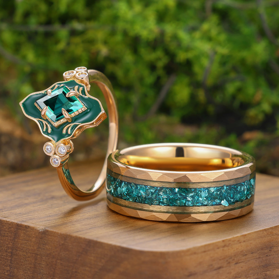 Art Deco Rhombus Cut Emerald Resin-coated Couple Rings Vintage Inspired Matching Ring Set