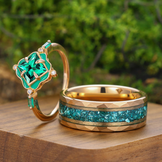 Art Deco Emerald Green Enamel Couple Rings Rose Gold Plated Floral His And Hers Rings
