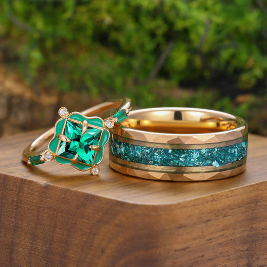 Art Deco Emerald Green Enamel Couple Rings Rose Gold Plated Floral His And Hers Rings