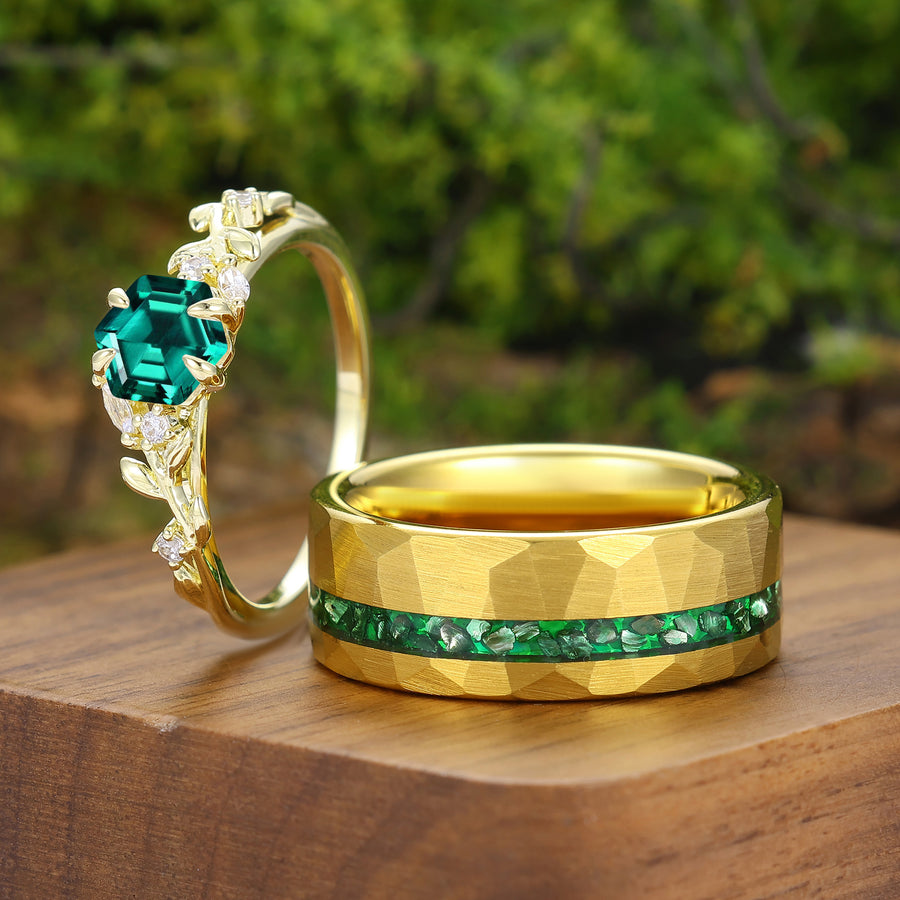 Anillos de pareja inspirados en la naturaleza con esmeralda hexagonal verde, anillos a juego para él y para ella