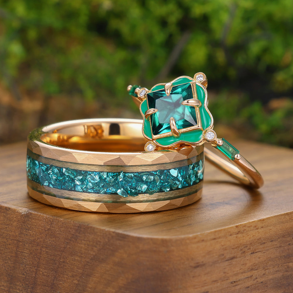 Art Deco Emerald Green Enamel Couple Rings Rose Gold Plated Floral His And Hers Rings