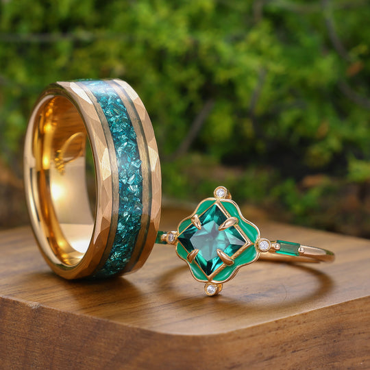Art Deco Emerald Green Enamel Couple Rings Rose Gold Plated Floral His And Hers Rings