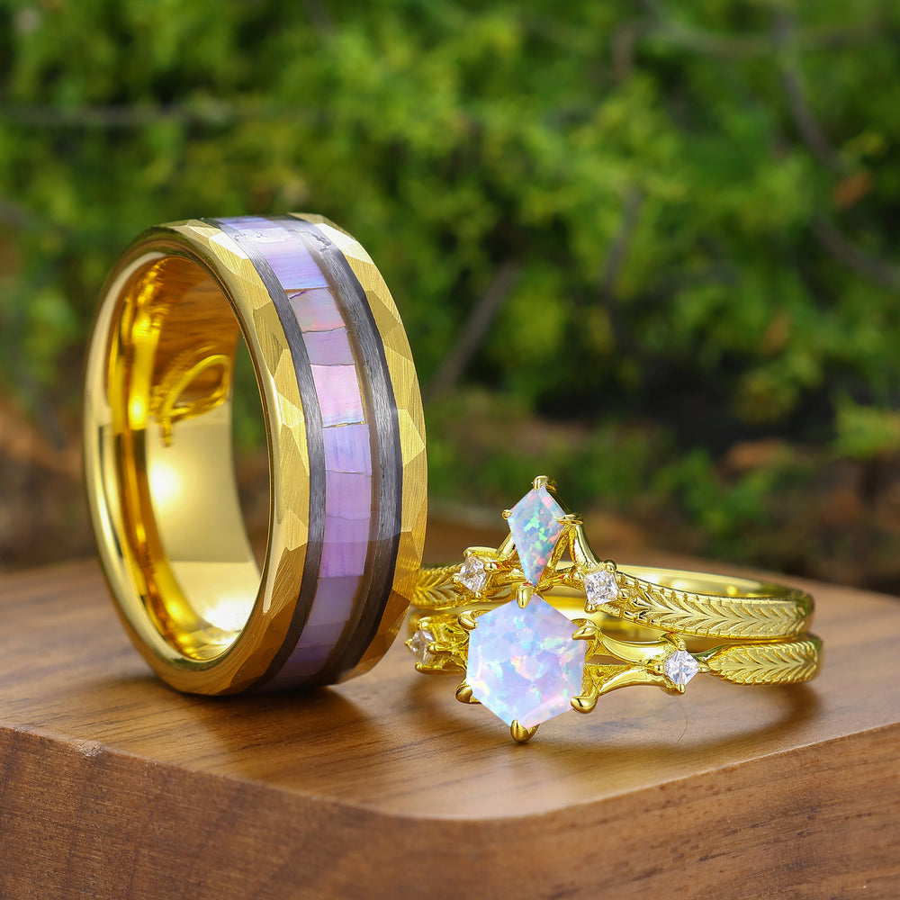 Noble Pink White Opal Engraved Couple Ring Set Yellow Gold Plated Matching Rings For Women And Men