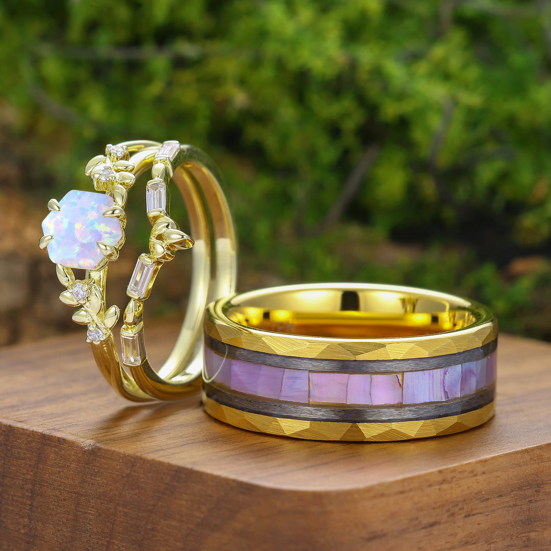 Leaf Inspired Hexagon Cut Pink White Opal Couple Ring Set Promise Rings For Couples