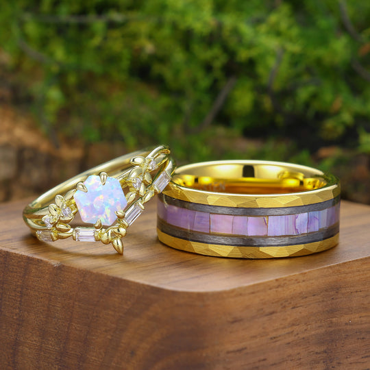 Leaf Inspired Hexagon Cut Pink White Opal Couple Ring Set Promise Rings For Couples