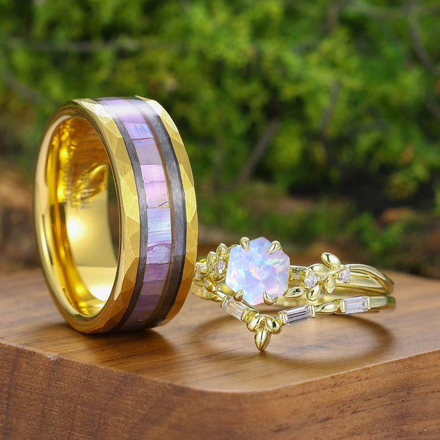 Juego de anillos para pareja inspirado en hojas, corte hexagonal, ópalo rosa y blanco — anillos de promesa para parejas
