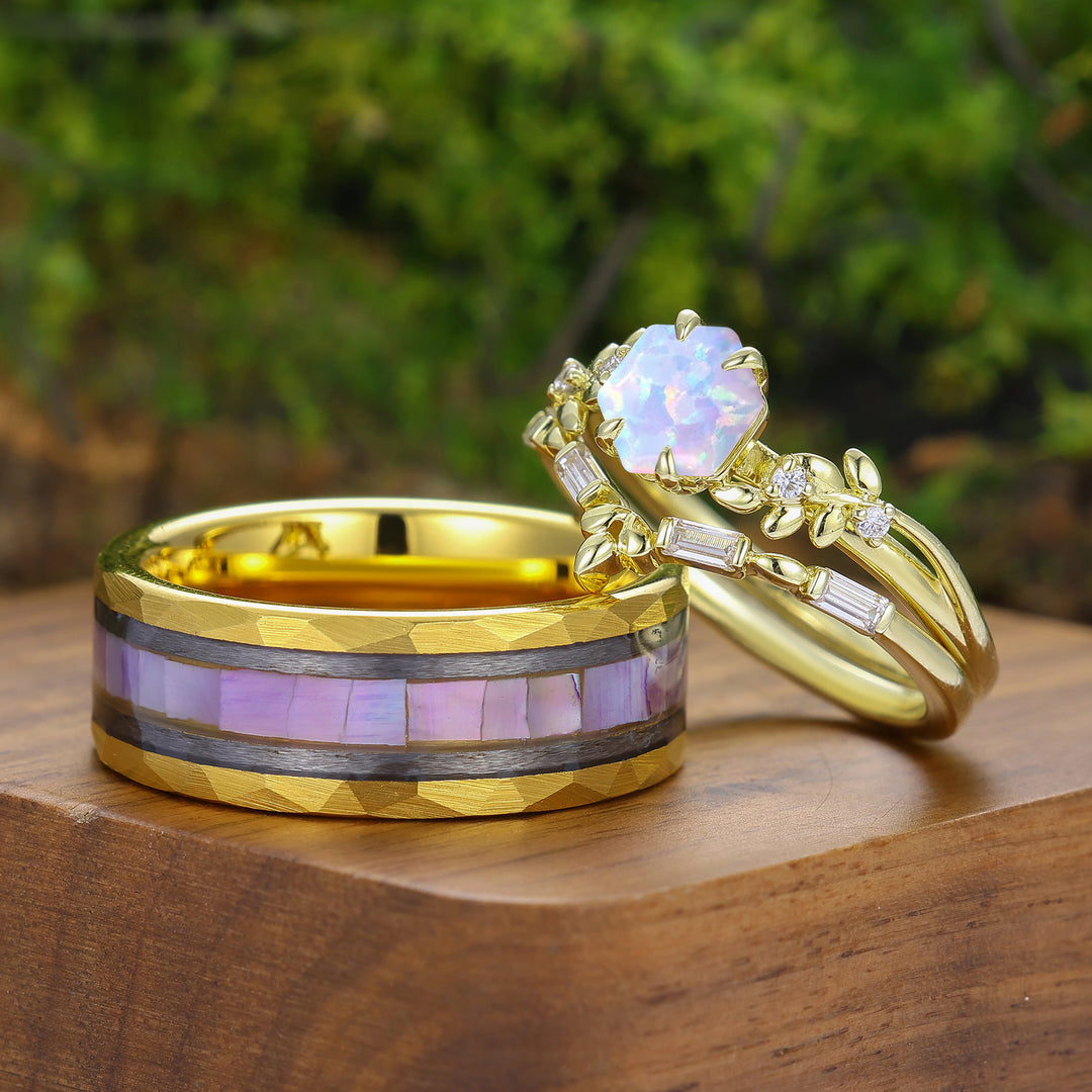 Leaf Inspired Hexagon Cut Pink White Opal Couple Ring Set Promise Rings For Couples
