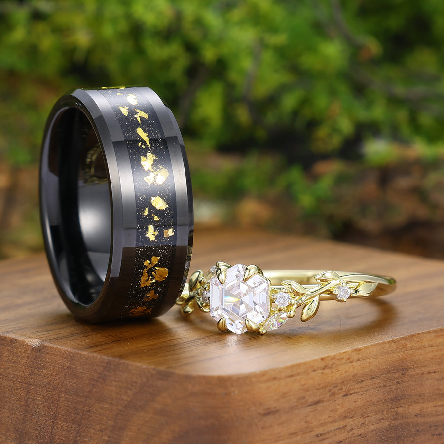 Artsy Engraved Leaf Moissanite Couple Rings Matching Rings Set For Men For Women