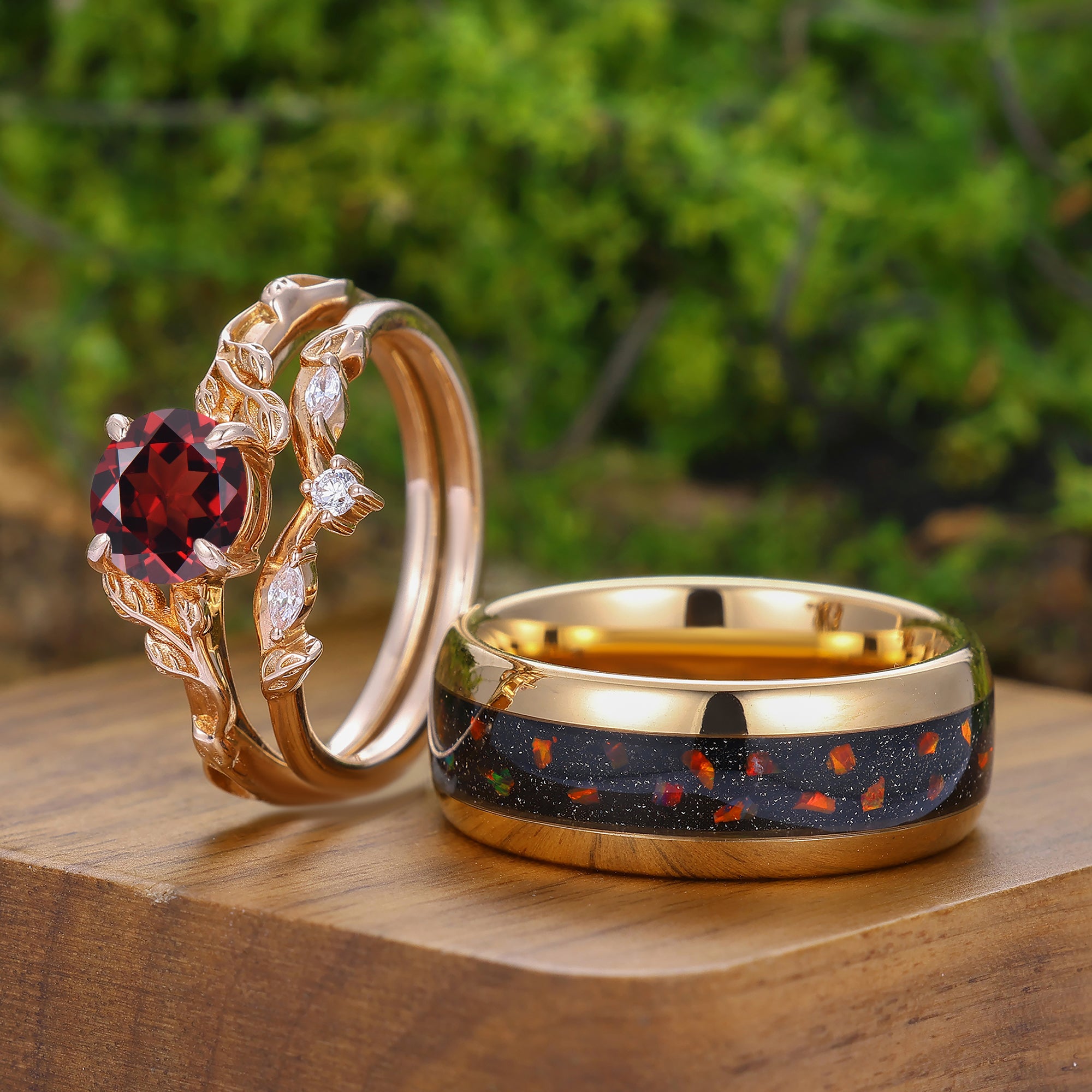【青山店限定・希少】Mined Ring Red Garnet Large Exquisite Engraved Leaf Red Garnet Couple Ring Set Red His And