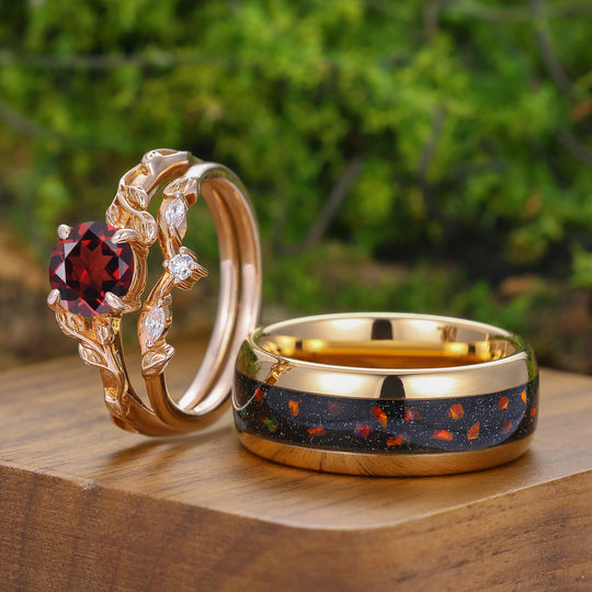 Set di Anelli Coppia con Granato Rosso Inciso a Forma di Foglia Raffinata Anelli Rosso Lui e Lei per Uomo e Donna