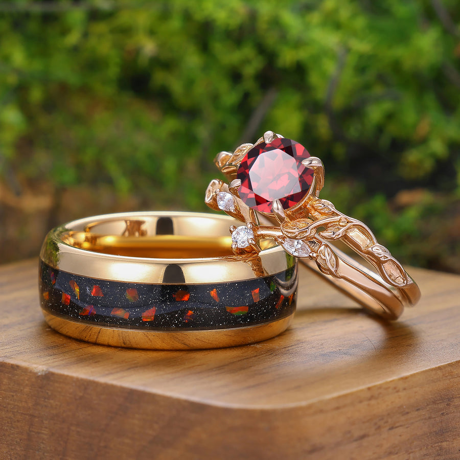 Exquisite Engraved Leaf Red Garnet Couple Ring Set Red His And Hers Rings For Men And Women