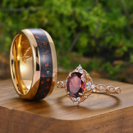 Anello Vintage Milgrained con Granato Rosso Naturale Coppia 2 pezzi Anello Abbinato Rosso per Uomo e Donna