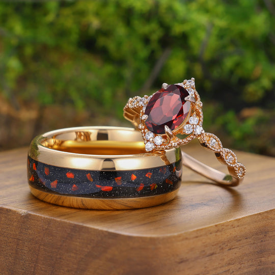 Anello Vintage Milgrained con Granato Rosso Naturale Coppia 2 pezzi Anello Abbinato Rosso per Uomo e Donna