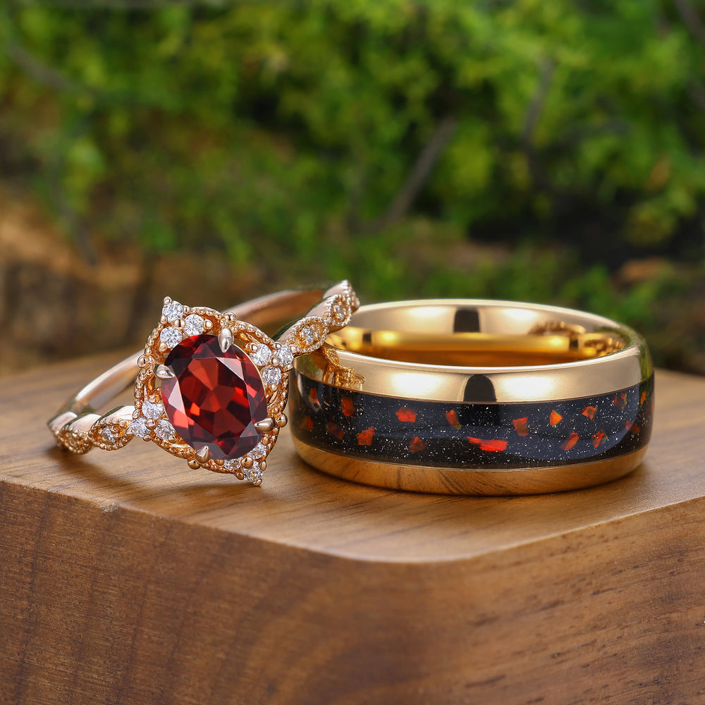 Vintage Milgrained Natural Red Garnet Couple Ring 2pcs Red Matching Ring For Men And Women