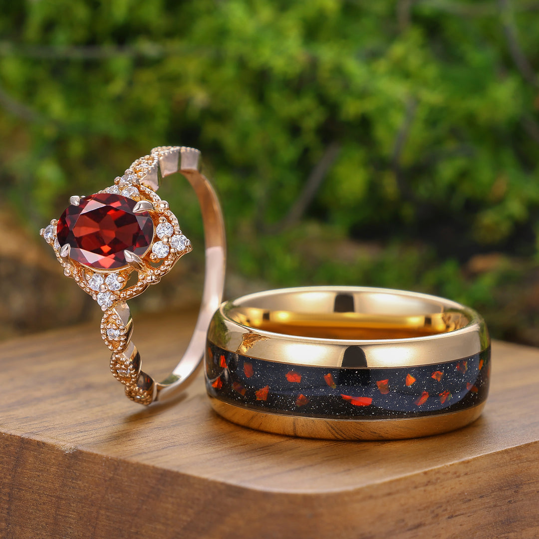 Anello Vintage Milgrained con Granato Rosso Naturale Coppia 2 pezzi Anello Abbinato Rosso per Uomo e Donna