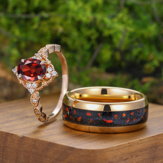 Anello Vintage Milgrained con Granato Rosso Naturale Coppia 2 pezzi Anello Abbinato Rosso per Uomo e Donna