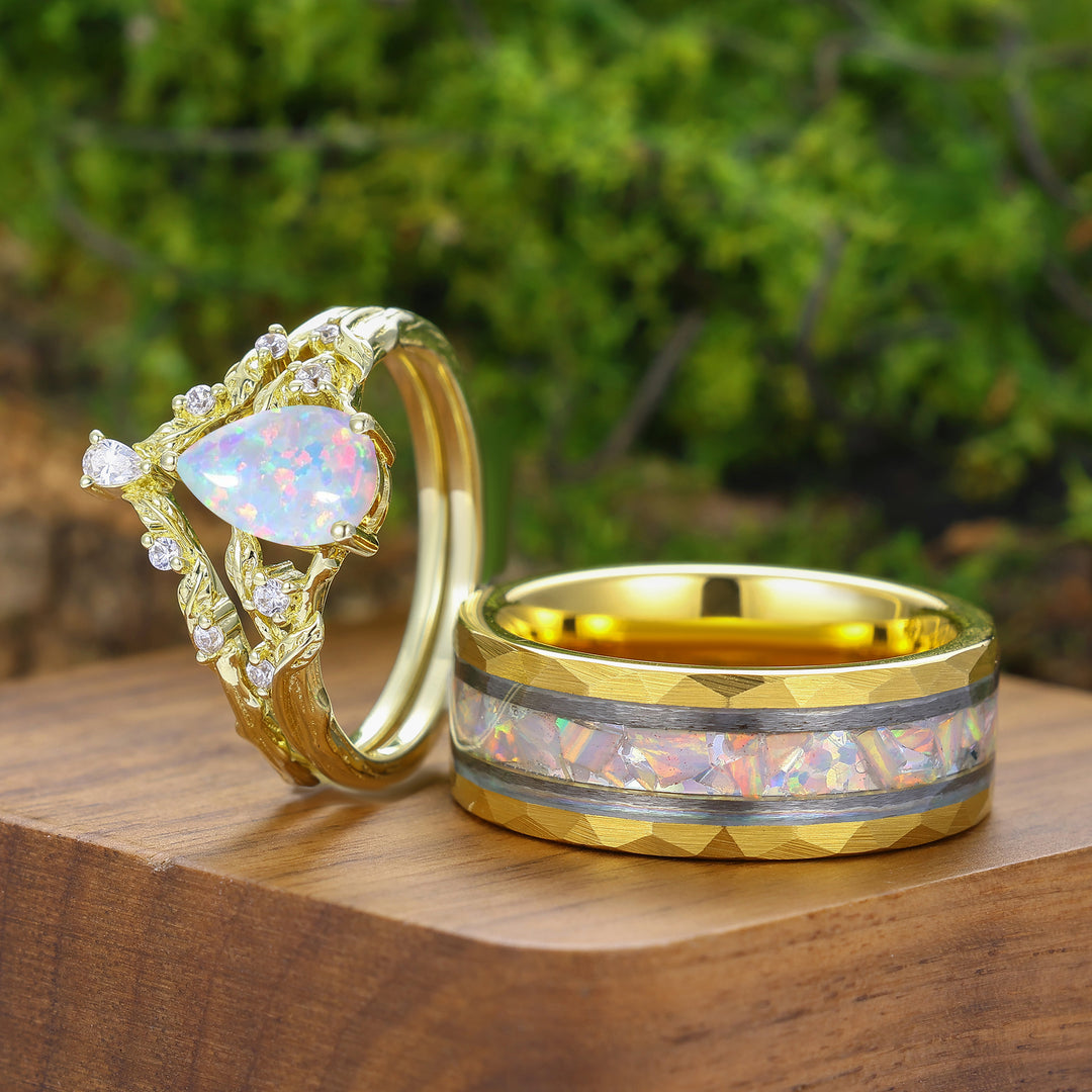 Leaf Design 1.5CT Pear Cut Pink White Opal Couple Ring Set Silver And Tungsten Matching Rings