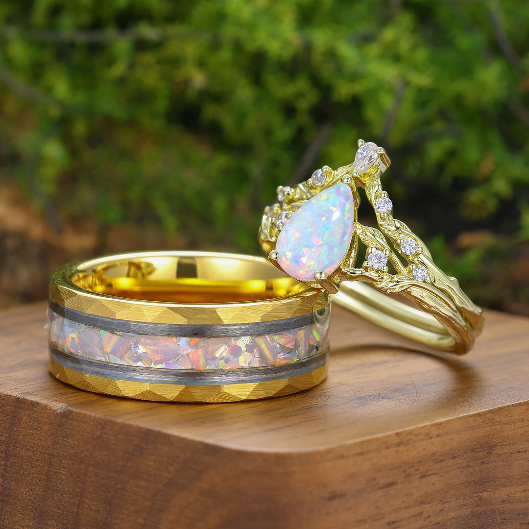 Leaf Design 1.5CT Pear Cut Pink White Opal Couple Ring Set Silver And Tungsten Matching Rings