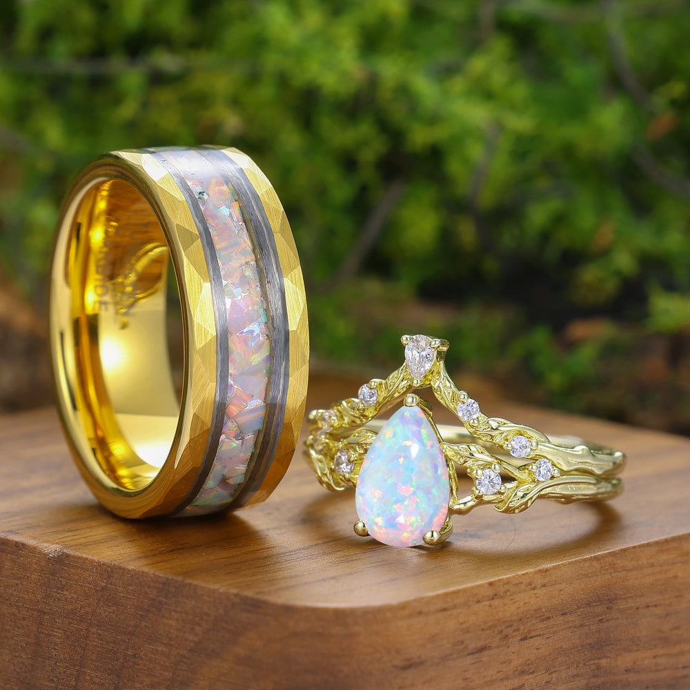 Design feuille 1.5CT taille poire opale rose et blanche ensemble de bagues pour couple assorties en argent et tungstène