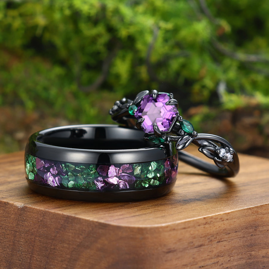 Anillo a juego para él y para ella con diseño de hoja de rama y amatista, anillo para parejas inspirado en la naturaleza