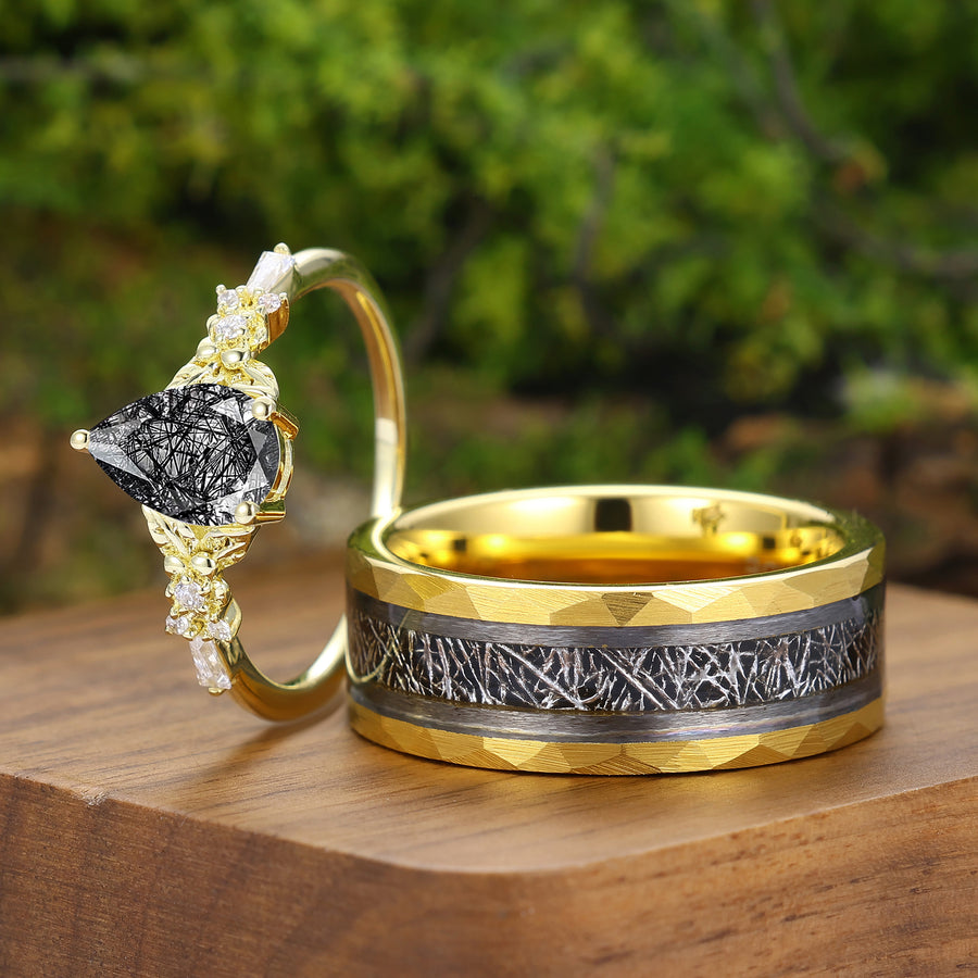 Anillos de pareja con diseño de hoja de cuarzo rutilado negro natural 2 piezas juego de anillos negros a juego