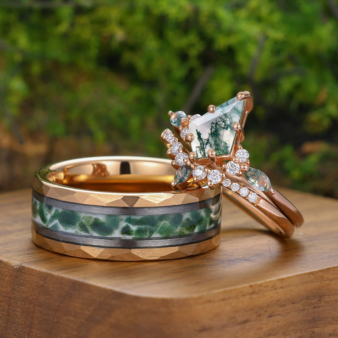 Vintage Kite Cut Moss Agate  His and Hers Tungsten Wedding Band 925 Silver Matching Nature Couple Ring