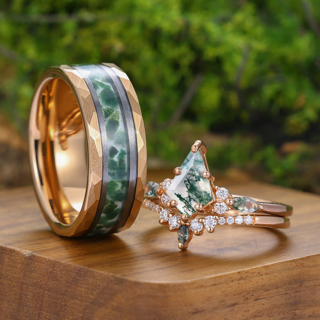 Vintage Kite Cut Moss Agate  His and Hers Tungsten Wedding Band 925 Silver Matching Nature Couple Ring