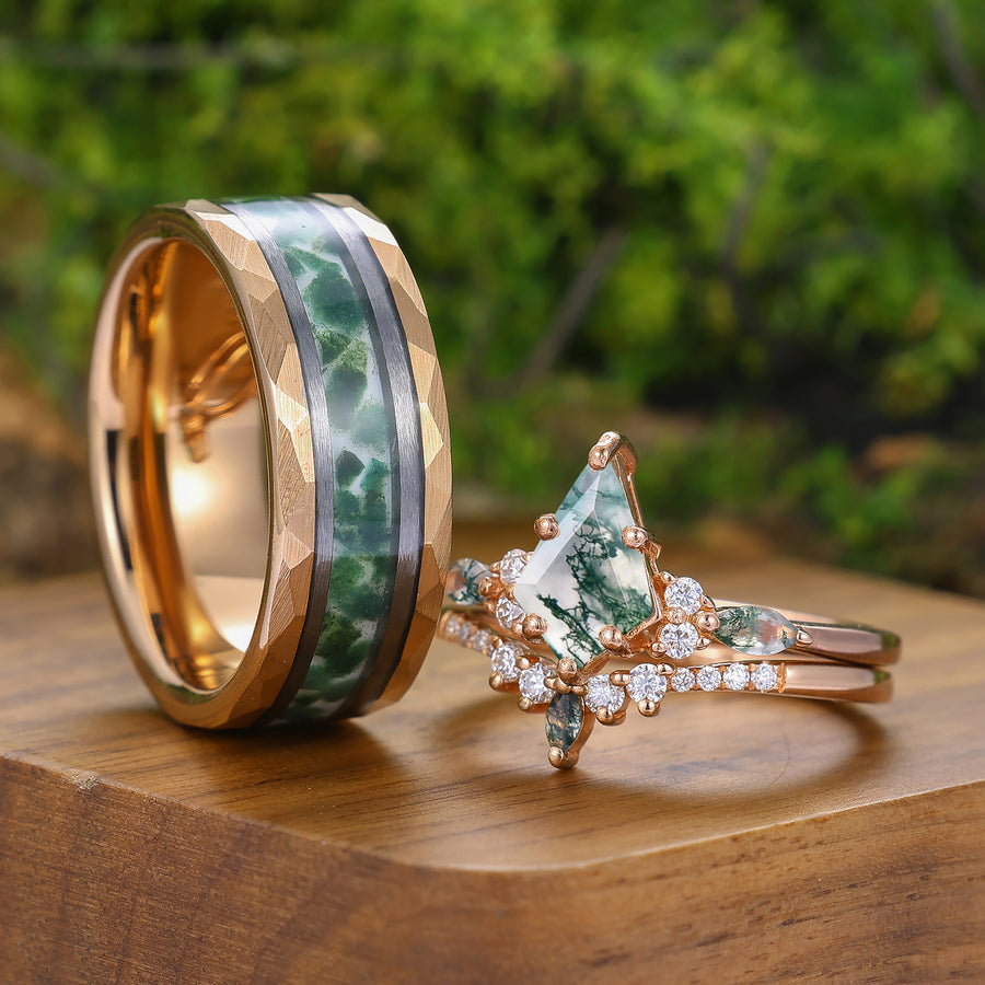 Vintage Kite Cut Moss Agate  His and Hers Tungsten Wedding Band 925 Silver Matching Nature Couple Ring -  Esdomera.com