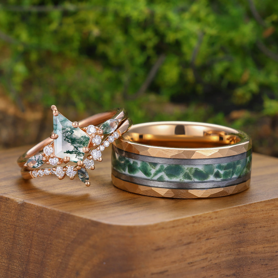 Vintage Kite Cut Moss Agate  His and Hers Tungsten Wedding Band 925 Silver Matching Nature Couple Ring -  Esdomera.com