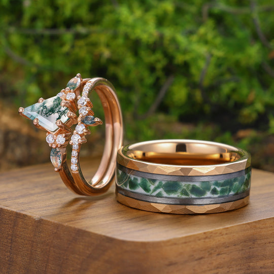 Vintage Kite Cut Moss Agate  His and Hers Tungsten Wedding Band 925 Silver Matching Nature Couple Ring