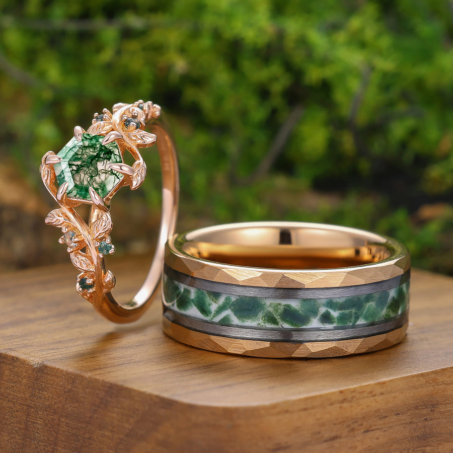 Green Natural Moss Agate Hexagon Couples Ring Set His and Her Wedding Band 925 Silver Alternative Engagement Ring