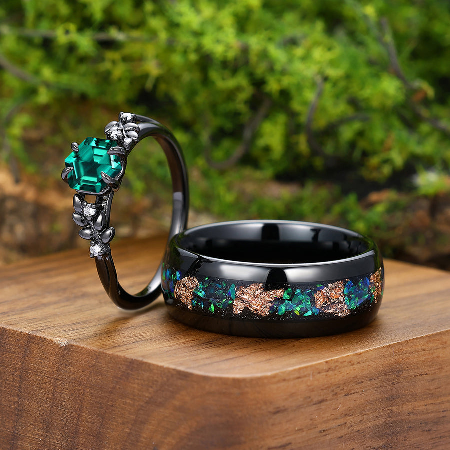 Prong Setting Emerald Wheat Shape Engagement Couple Rings Modern Anniversary His And Hers Wedding Band.