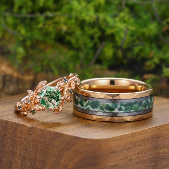 Natuurlijke groene mosagaat zeshoekige set ringen voor koppels, trouwringen voor hem en haar, 925 zilver, alternatieve verlovingsring