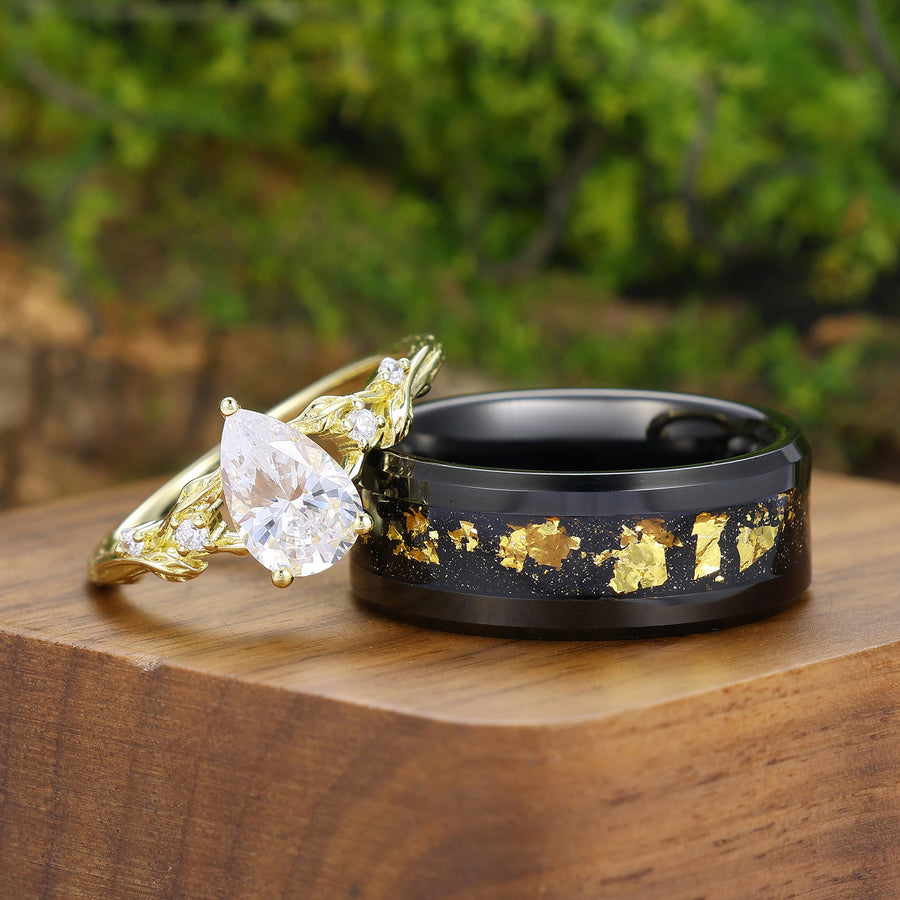 Conjunto de Anillos a Juego con Tallo de Moissanita Estiloso, Anillos de Pareja Únicos Chapados en Oro Amarillo