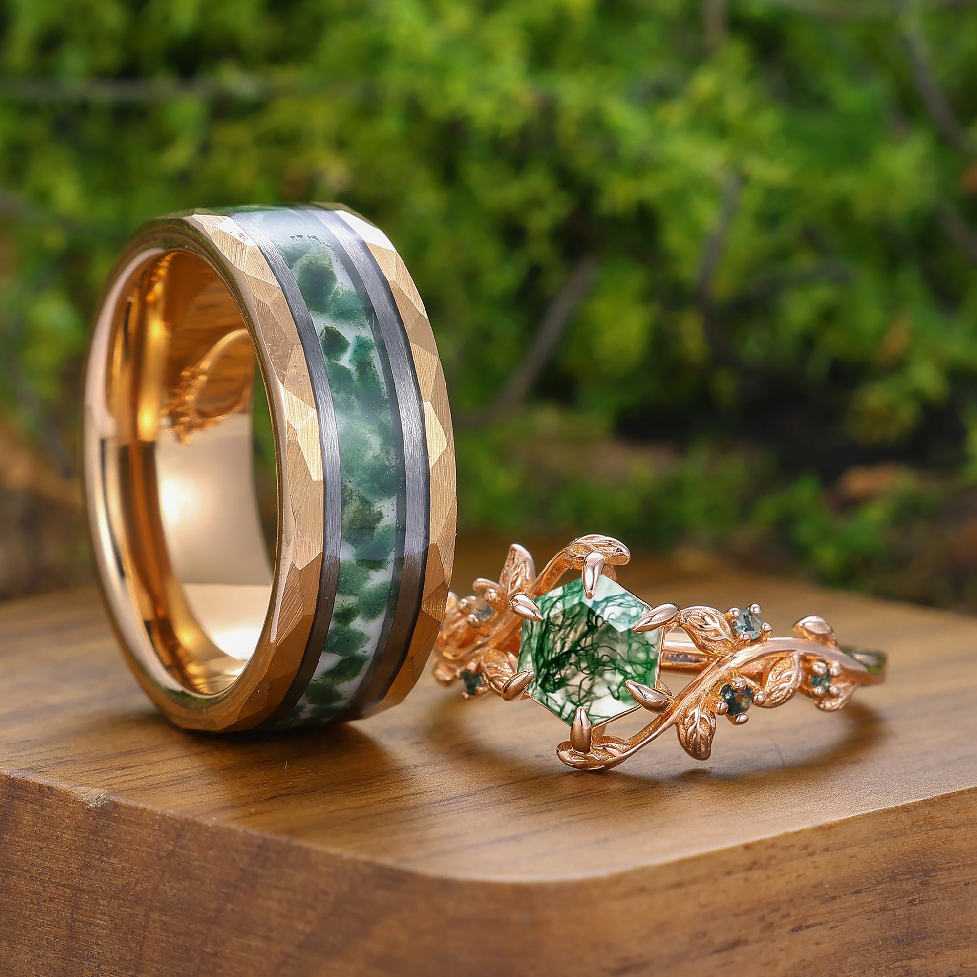 Green Natural Moss Agate Hexagon Couples Ring Set His and Her