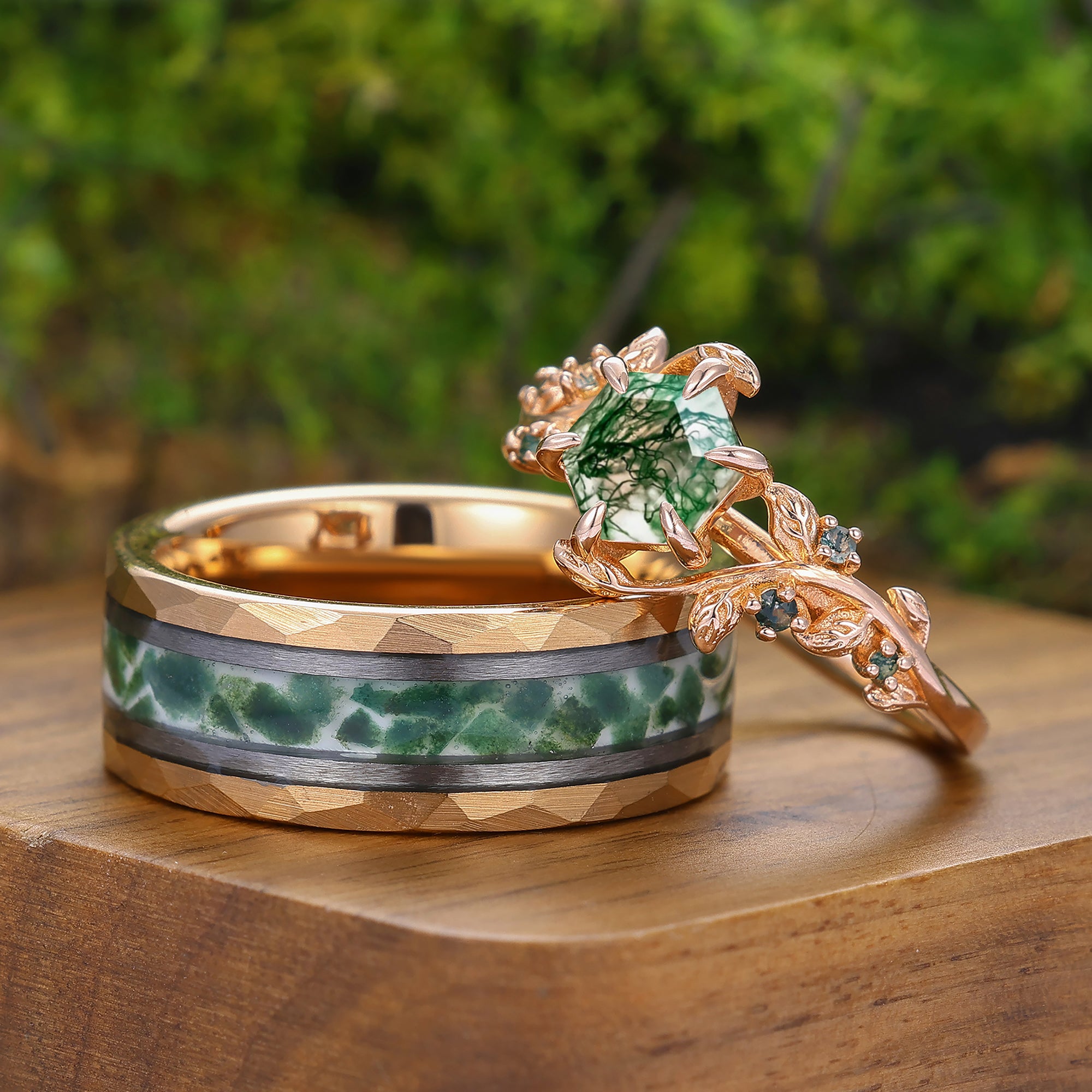 Green Natural Moss Agate Hexagon Couples Ring Set His and Her