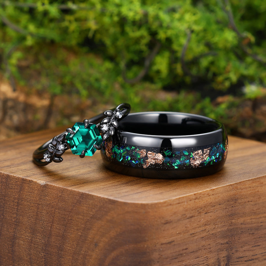 Prong Setting Emerald Wheat Shape Engagement Couple Rings Modern Anniversary His And Hers Wedding Band.