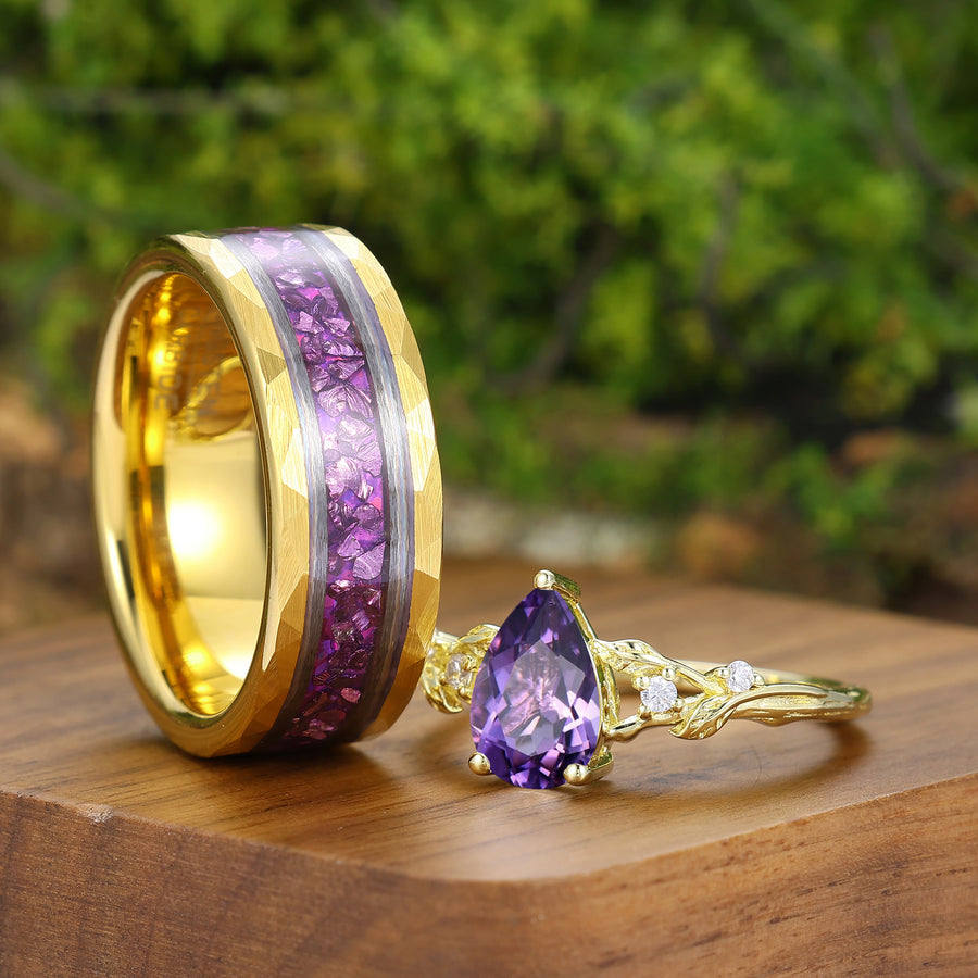 Anillos de pareja con diseño de rama de amatista personalizada Anillos morados a juego para mujeres y hombres