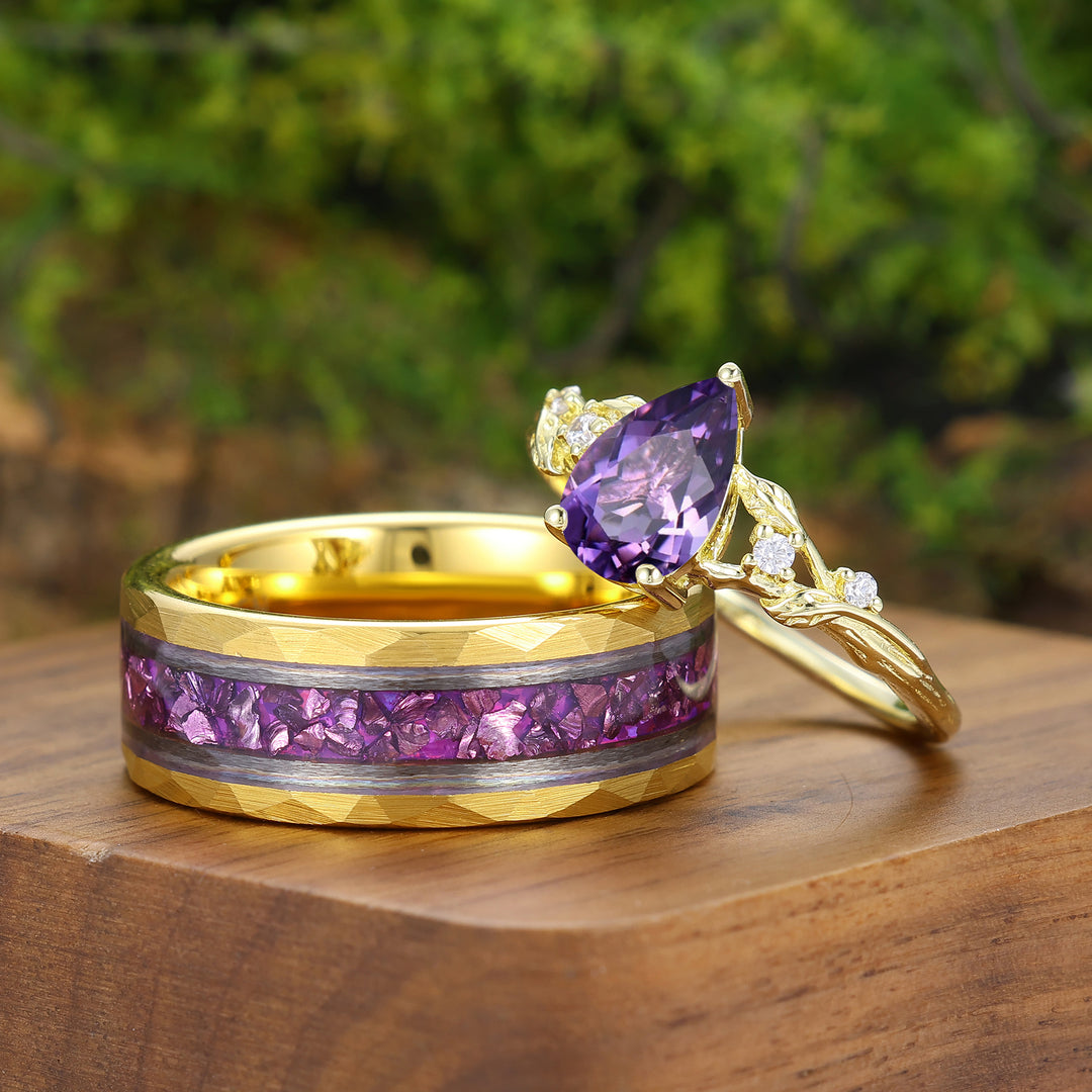Anelli Coppia Design Ramo di Ametista Personalizzati Anelli