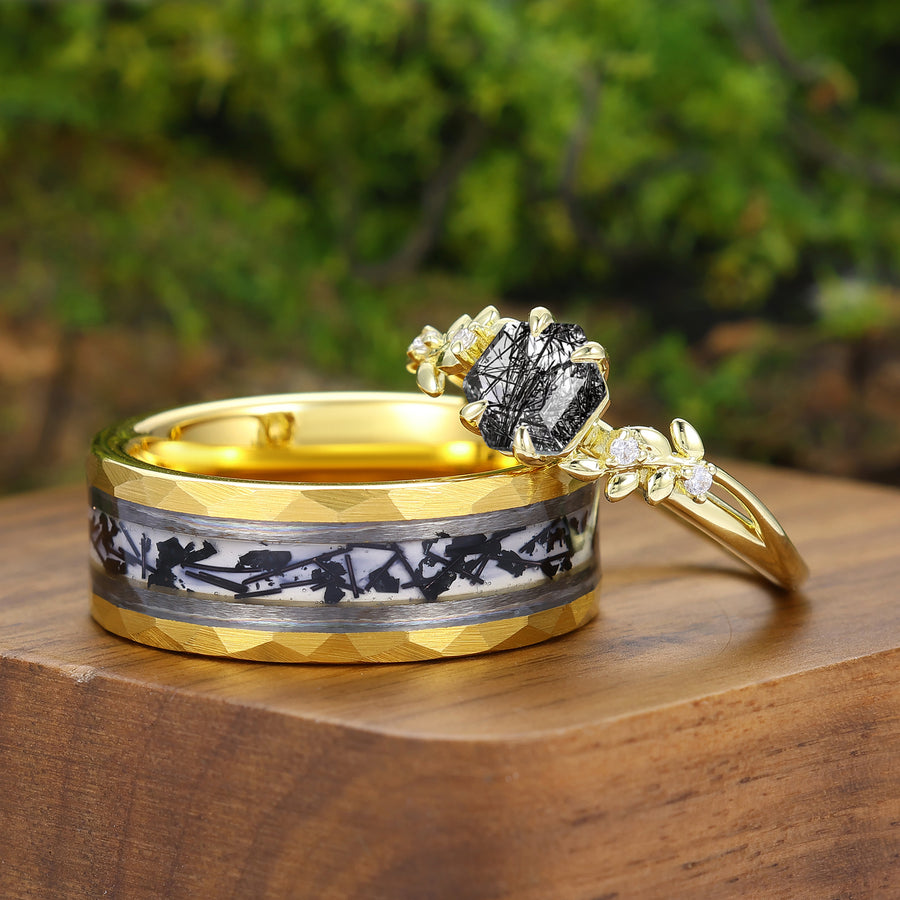 Anillos de pareja de cuarzo rutilado negro hexagonal geométrico, anillo natural a juego en forma de hoja para hombres y mujeres