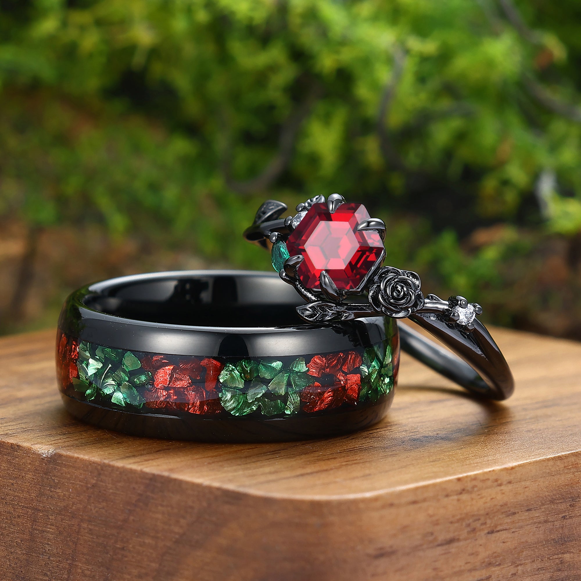 Natural Red Garnet Roses Leaf Engraved Couples Ring Matching Rings Set ...