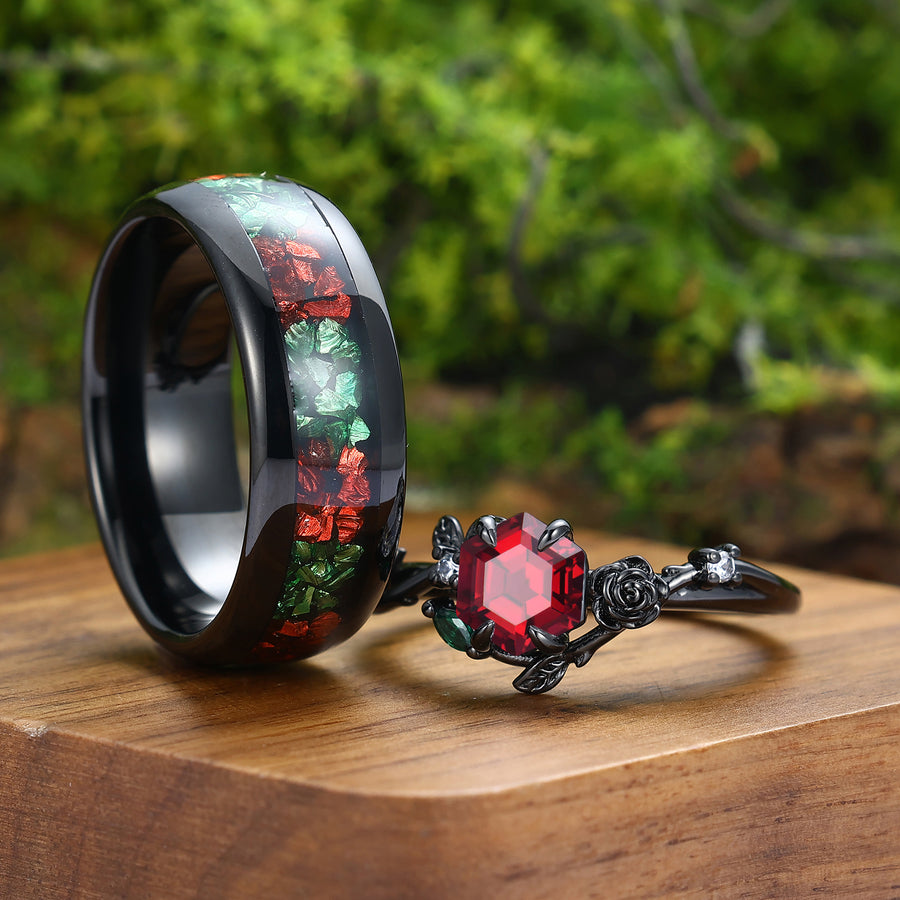 Anillo de pareja a juego con hojas grabadas de rosas de granate rojo natural para él y para ella