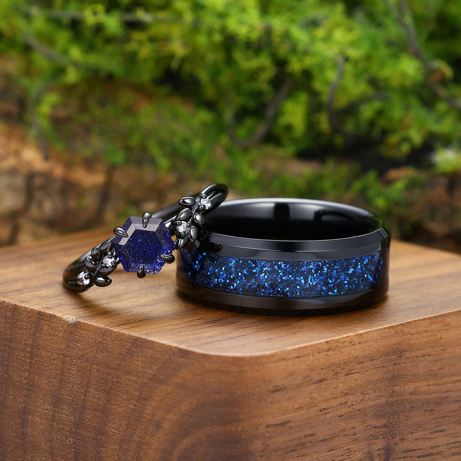 Wheat Design Galaxy Sandstone Engagement Couple Rings Personalized His And Hers Wedding Bands.