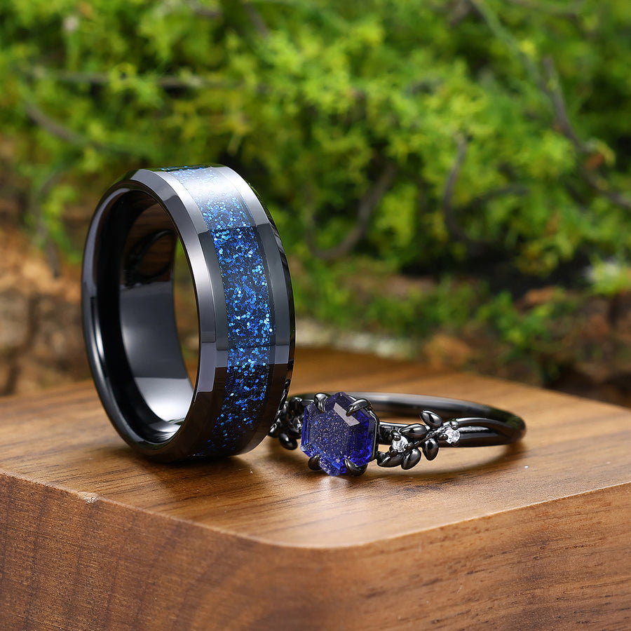 Wheat Design Galaxy Sandstone Engagement Couple Rings Personalized His And Hers Wedding Bands.