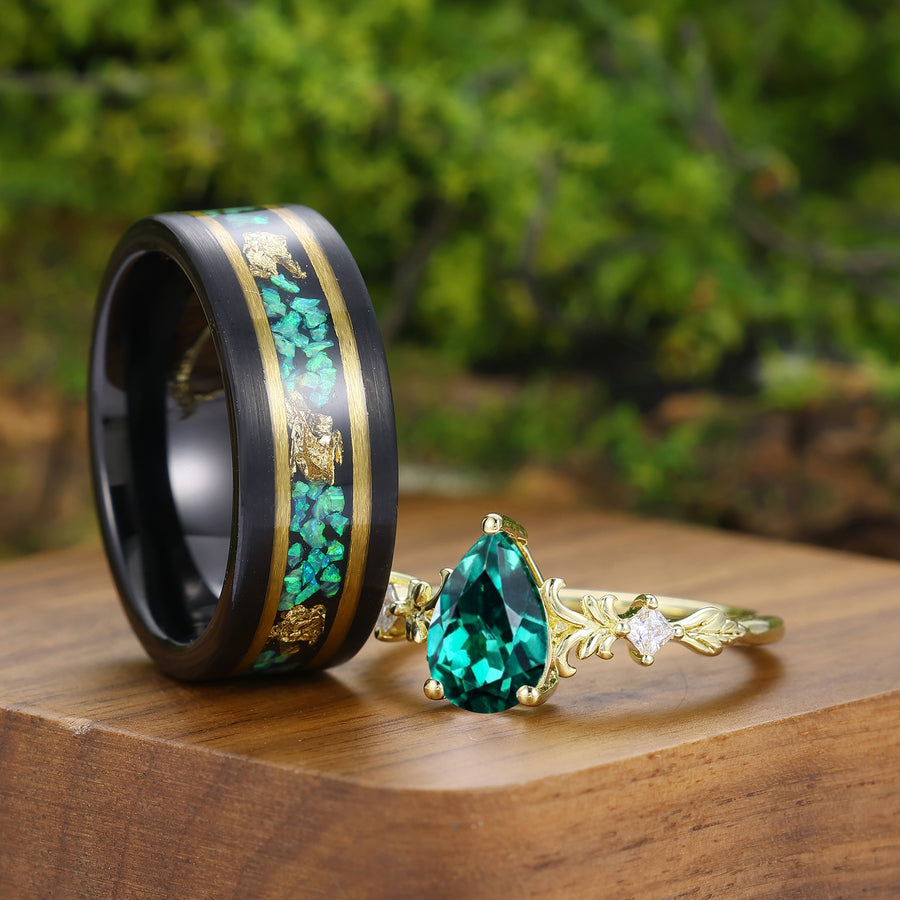 Anillos de pareja con rama de hoja inspirada en la naturaleza esmeralda, conjunto de anillos dorados y verdes para hombres y mujeres