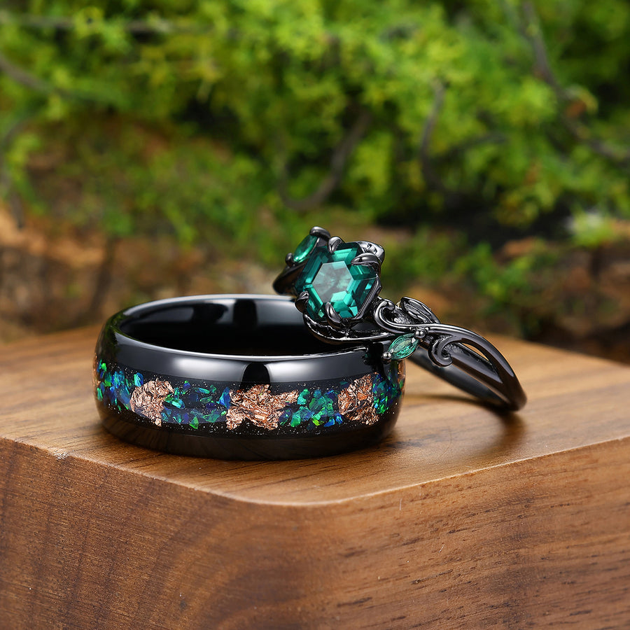 Alternative Emerald Withy Shape His And Hers Wedding Band Tungsten And S925 Promise Couple Rings.